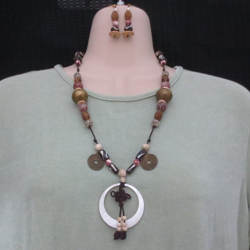 NEW Handcrafted Jewelry Set Jade Lotus Silk Brass Earthy Color Necklace/Earrings
